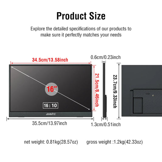 Anmite 16-Inch Portable Touch Monitor Non-touch optional 1200P HDR 16:10 For XBox PS4 / 5 Switch Cell Phone PC Loptop Extension