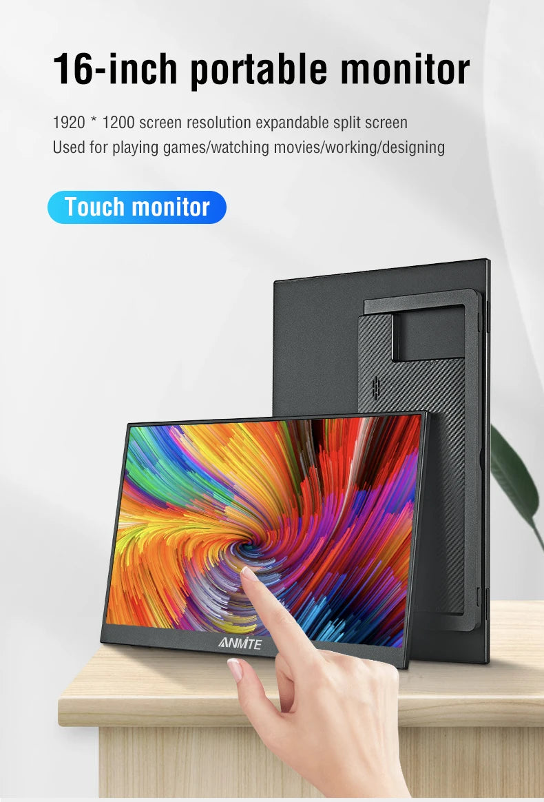 Anmite 16-Inch Portable Touch Monitor Non-touch optional 1200P HDR 16:10 For XBox PS4 / 5 Switch Cell Phone PC Loptop Extension