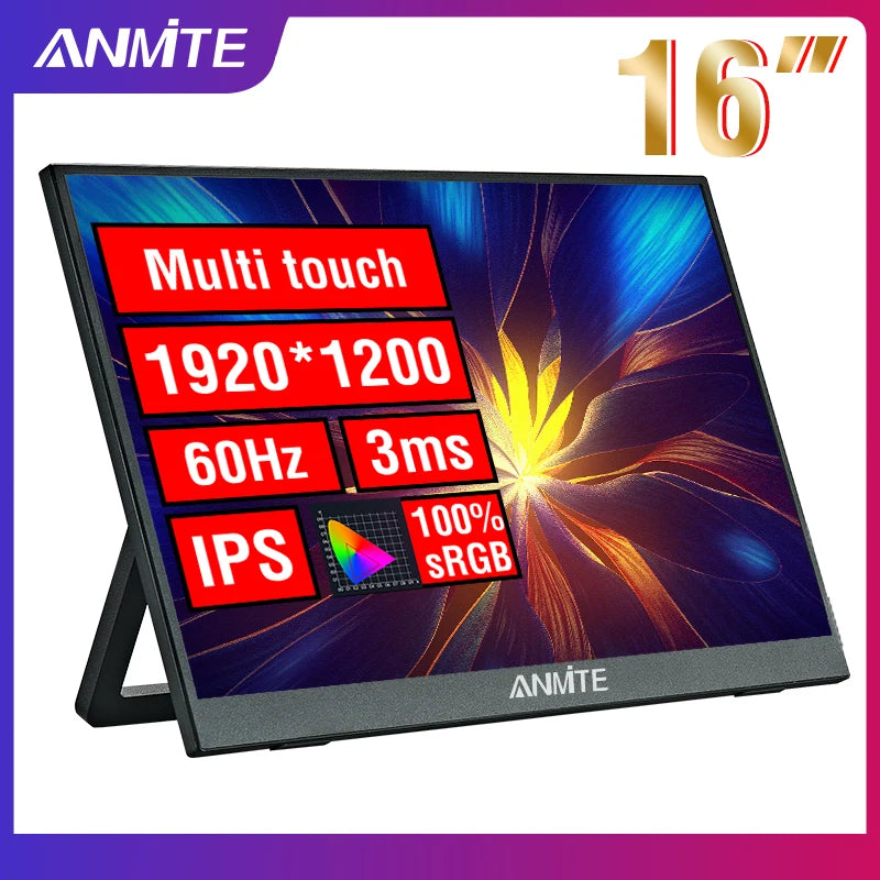 Anmite 16-Inch Portable Touch Monitor Non-touch optional 1200P HDR 16:10 For XBox PS4 / 5 Switch Cell Phone PC Loptop Extension