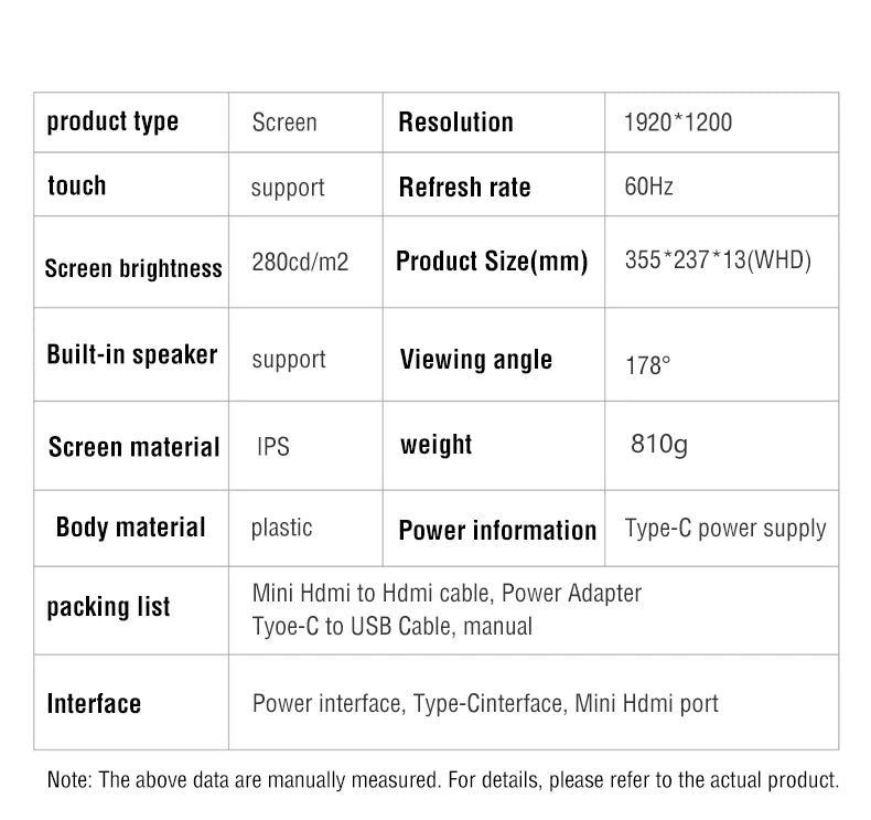 Anmite 16-Inch Portable Touch Monitor Non-touch optional 1200P HDR 16:10 For XBox PS4 / 5 Switch Cell Phone PC Loptop Extension