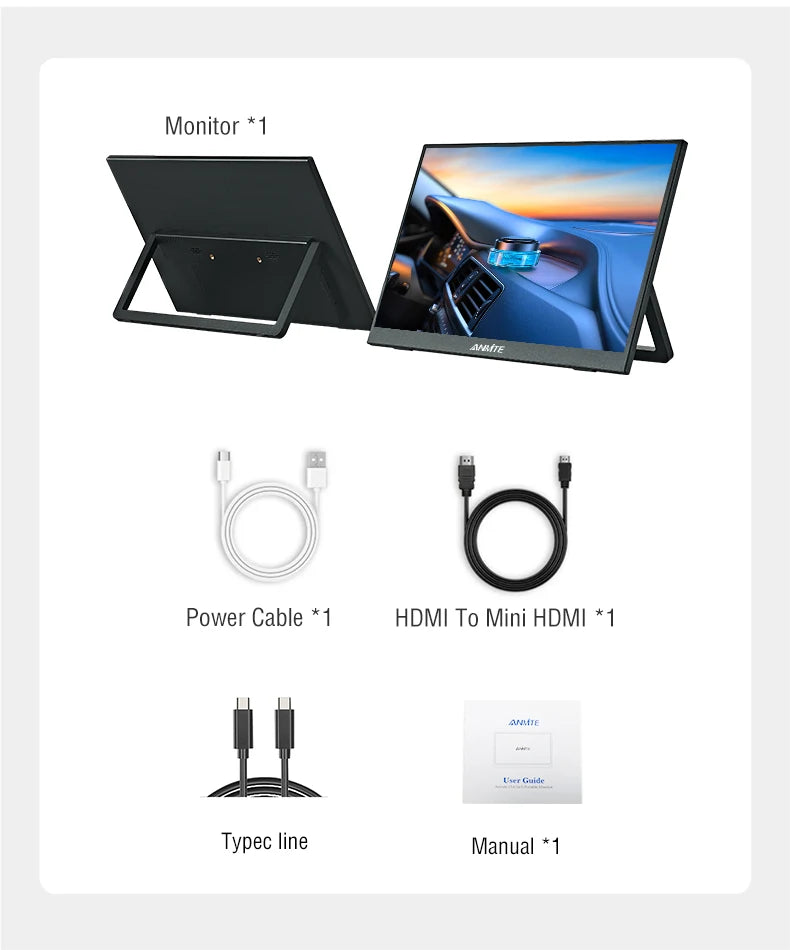 Anmite 16-Inch Portable Touch Monitor Non-touch optional 1200P HDR 16:10 For XBox PS4 / 5 Switch Cell Phone PC Loptop Extension